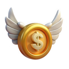 3d render of a golden dollar coin with white wings on a black background