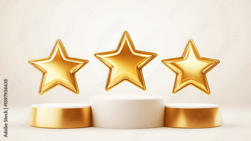 Fototapete three golden star floating above product display podium. reward and prize for excellence concept. 3d