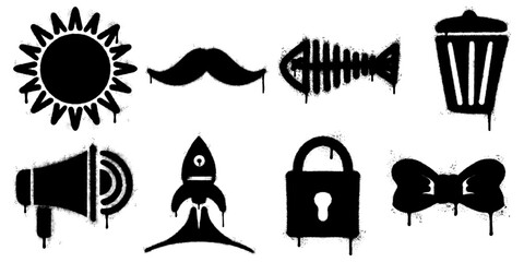 collection of black spray painted stencil graffiti icons on a white background. set includes various symbols such as a sun, mustache, fish skeleton, trash can, megaphone, rocket, padlock, and bow tie.