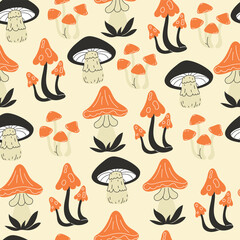 Seamless pattern featuring stylized mushrooms with orange, black, and cream caps on a light yellow background, creating a whimsical and nature-inspired design.