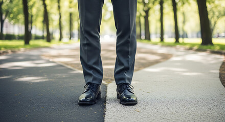 A businessman stands at a crossroads, symbolizing a critical decision point with a black and white path ahead