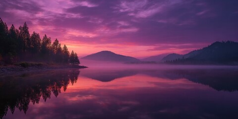 Obraz premium A serene lake reflects the vibrant purple and pink hues of the sky at dusk, with silhouetted trees and distant mountains creating a tranquil landscape scene.