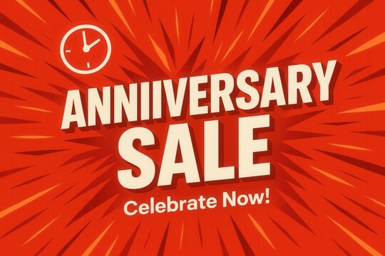 Bold red and white design featuring the text "Anniversary Sale, Celebrate Now!" with an exploding background pattern and clock icon emphasizing urgency.