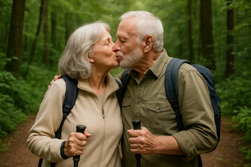 Happy senior couple kissing while hiking in forest