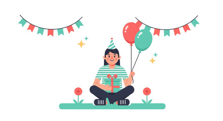 Fototapeta premium Cheerful Woman Celebrating Her Birthday With Balloons And Gift Illustration