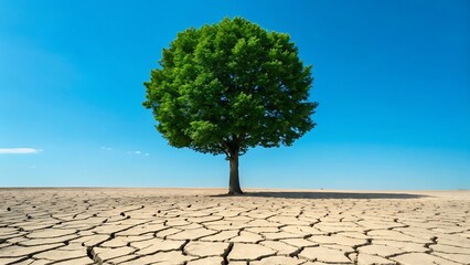 Lone tree survives in arid cracked earth under bright blue sky.jpg