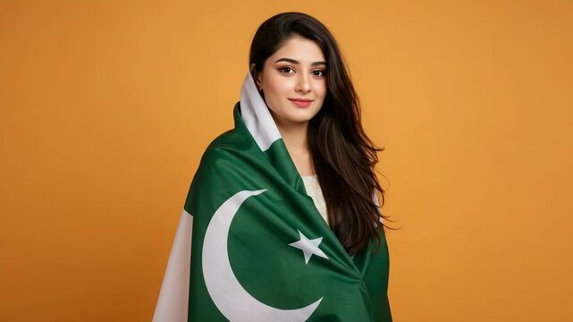 A beautiful young Pakistani woman wrapped in the national flag of Pakistan. Portrait of a patriotic female celebrating a national holiday with pride.