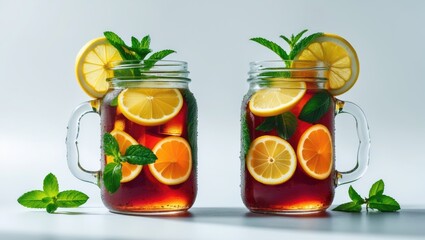 Fototapeta premium Two mason jars filled with fruit-infused beverages, lemon slices, and mint leaves, with additional mint leaves on the surface.