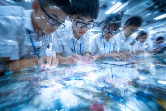 Holographic economic education in chinese futuristic classroom. Export analysis. China's economy thrives with 5.2% growth rate amid easing trade pressures. China trade. Economic data.