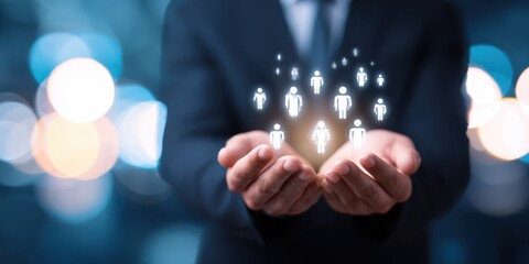 The hands holding digital people icons representing teamwork and collaboration in business.
