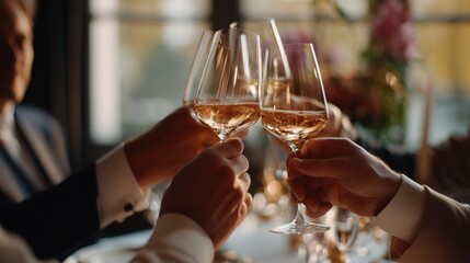 Celebratory toast with sparkling glasses during an elegant gathering in a softly lit restaurant setting