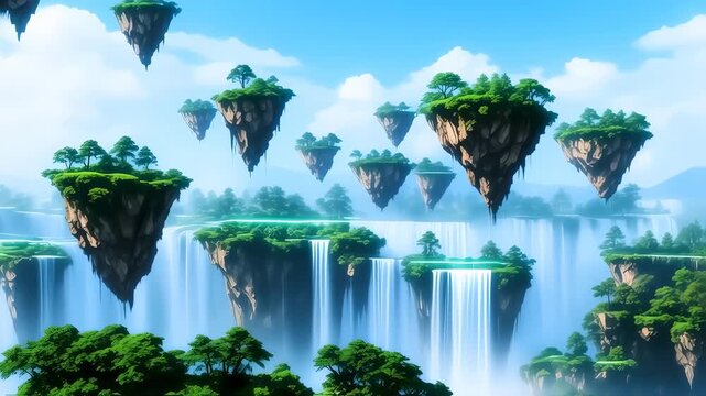 Floating islands with waterfalls in a fantasy landscape