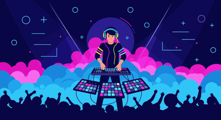 Dj Performing Music In Front Of A Crowd With Colorful Graphic Effects