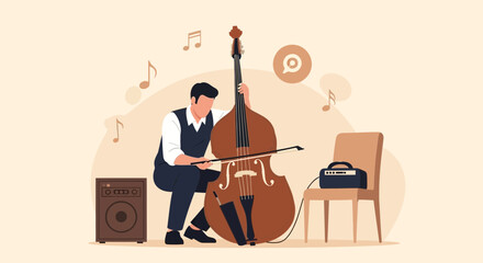 Double Bassist Rehearsing In Studio With Amplifier And Music Notes Vector Illustration