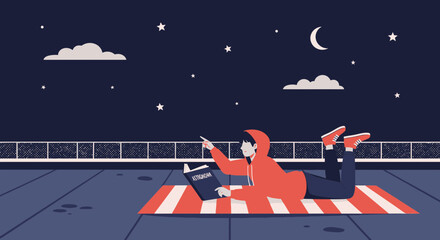 Dreamy Evening Studying Astronomy Under Starry Sky On Rooftop Illustration