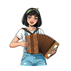 Cartoon illustration of a smiling young woman with dark hair playing a brown accordion while wearing denim overalls and a colorful headband.