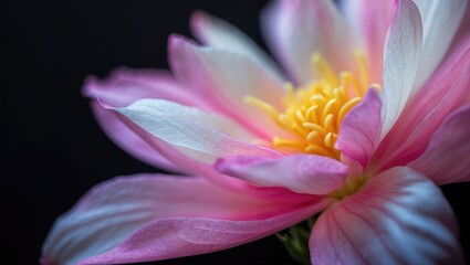 Fototapeta premium Close-up of a pink and white flower with yellow center, showing delicate petals and detailed stamens.