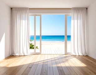Modern sunlit room with open doors and flowing curtains revealing a tranquil tropical beach paradise.