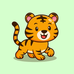 cute tiger walking with smile face cartoon illustration animal nature icon concept isolated