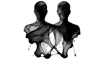 Abstract black ink silhouettes of two figures merging and intertwining