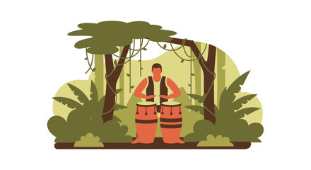 Drumming Rhythms In Jungle Serenity Musician's Tropical Performance Vector Art