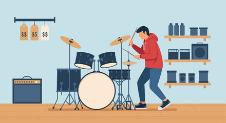 Drummer Practicing In Music Store With Instruments And Equipment Displayed