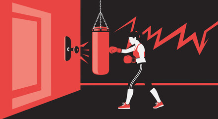 Dynamic Boxing Workout Graphic With Punching Bag And Energetic Lightning Bolts