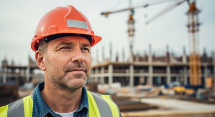 Fototapeta premium Construction site worker closeup protective headgear thoughtful expression emphasizing safety and professionalism