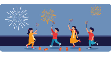 Children Enjoying Diwali Celebration with Firecrackers and Sparkling Lights