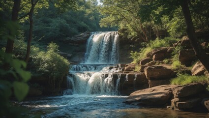 A scenic waterfall cascading over rocks in a lush forest setting with trees and green foliage.