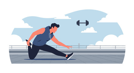 Dynamic Male Stretching Routine Before Weightlifting Under Blue Sky Illustration