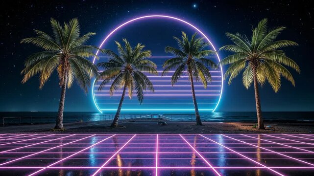 Synthwave palms and 80s neon sun shining over tropical beach at night.