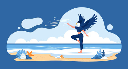 Eagle Woman Balancing On The Beach Symbolizing Freedom And Connection With Nature