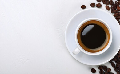 Freshly brewed black coffee in white cup with roasted coffee beans on white background. The concept of drinking black coffee for good health. For copy space. Generated image