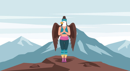 Eagle Woman Meditating On A Mountain Top In A Colorful Yoga Outfit
