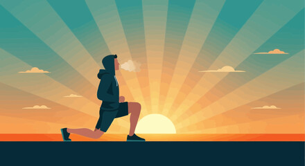 Early Morning Workout Lunge With Sunrise Background Warm Up Exercise Routine