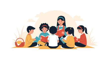 Educational Storytelling Session With Diverse Children In Nature For Learning