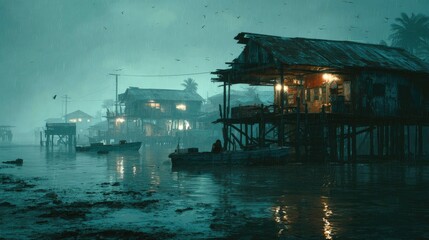 Pixelated Coastal Village At Night