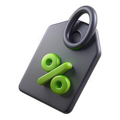 3d render of a green percentage symbol on a dark grey sale tag isolated on black