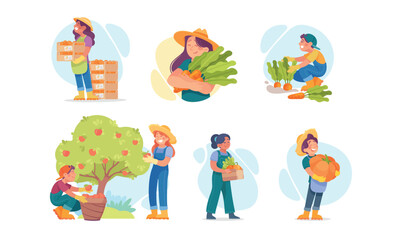 Obraz premium Dedicated Farmers Engaged in Agricultural Work in Fields and Harvesting Various Crops