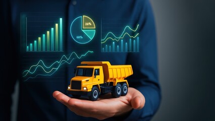 Obraz premium A man holding a yellow toy truck with glowing digital graphs above, showing future tech in logistics and supply chain, freight and logistics
