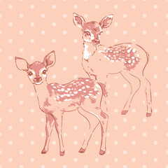 Two Baby Deers on Soft Polka Dot Background Cute Hand Drawn Vector Illustration for Kids