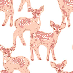 Obraz premium Seamless Pink and White Pattern with Cute Baby Deers Hand Drawn Vector for Baby 