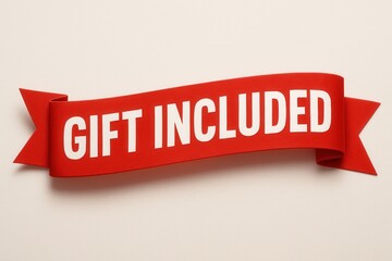 Red ribbon banner with bold white text reading "Gift Included," designed to attract attention and promote offers involving complimentary items.