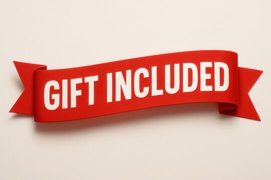 Red ribbon banner with bold white text reading "Gift Included," designed to attract attention and promote offers involving complimentary items.
