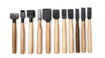 Woodworking tools arranged neatly, showcasing various chisels with wooden handles, perfect for crafting and detailed work