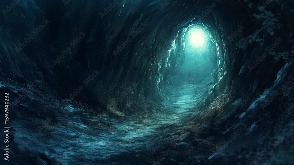Canvas Prints dark, icy cave tunnel with light at the end.
