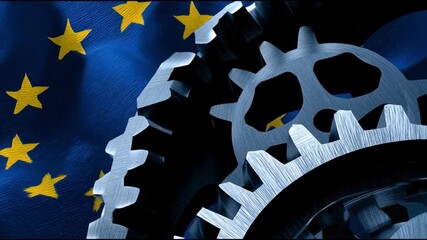 Gears and European Union Flag: Symbolic gears interlock against the backdrop of the European Union flag, illustrating industrial strength, unity, and technological progress. - Powered by Adobe