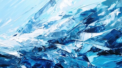 Obraz premium Abstract blue crashing waves in palette knife painting style, featuring vibrant blue and white cold colors, capturing dynamic movement reminiscent of expressive artistic techniques.