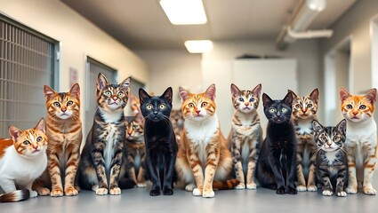 A group of cats sitting in a row in a bright room looking at the camera with curious expressions | international cat day